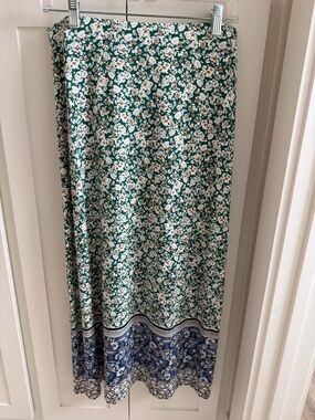 J. Jill Green Floral Maxi Skirt with Navy Border